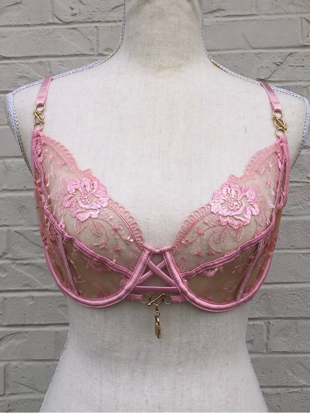 Honey Birdette “Jules” Pink Floral Embroidered Sheer Girly Underwire Bra 34 DD/E